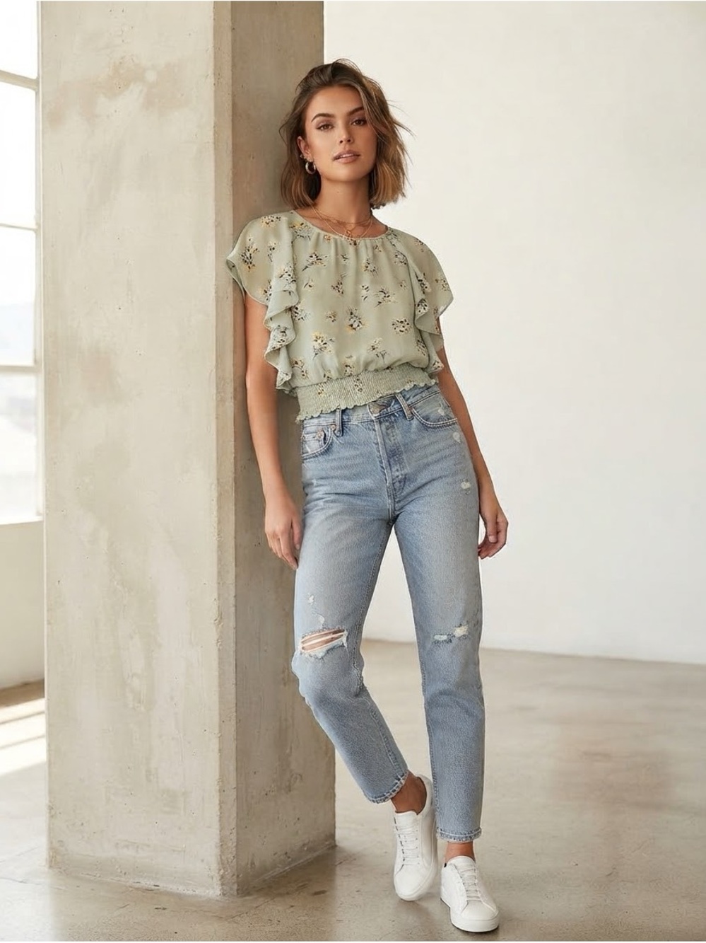Monteau Sage Green Floral Ruffled Cap Sleeve Smicked Waist BlouseTop Cottagecore